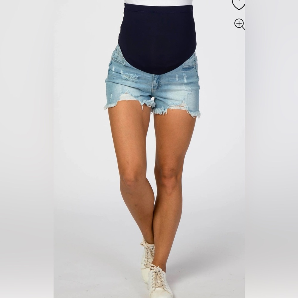 Light Blue Distressed Frayed Hem Maternity Jean Shorts